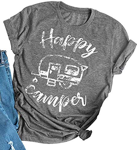 MAXIMGR Women Happy Camper Shirt Funny Cute Graphic Camping Tee Letter Print Short Sleeve Casual Camper Tees Gray