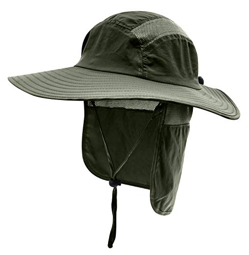 Home Prefer Mens UPF 50+ Sun Protection Cap Wide Brim Fishing Hat with Neck Flap (Army Green)