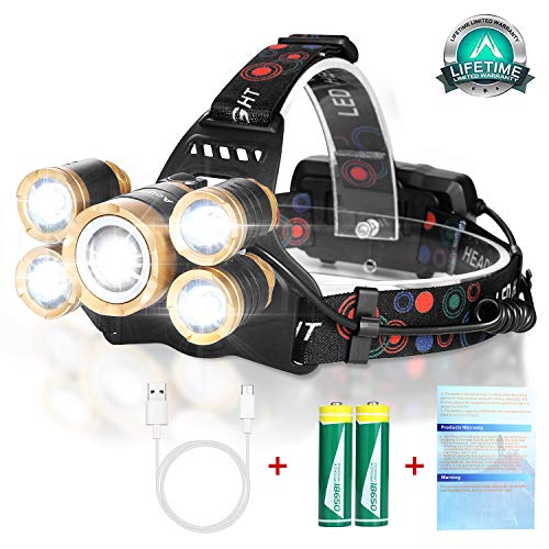 Rechargeable Headlamp Flashlight,12000 Lumen Bright LED Work Head Lamp,Brightest USB Rechargeable Headlight,4 Modes Waterproof Zoomable Headlamps Best for Outdoors Camping Hunting Hiking Hard Hat