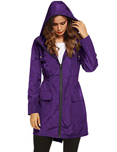 LOMON Women's Lightweight Waterproof Raincoat with Hood Long Sleeve Outdoor Hiking Rain Jacket Purple XXL