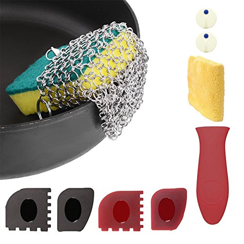 LIVEHITOP Cast Iron Cleaner with Wood Sponges Cast Iron Cleaning Kit Pan Scraper Plastic Set Tool and Silicone Hot Handle Holder for Home and Camping