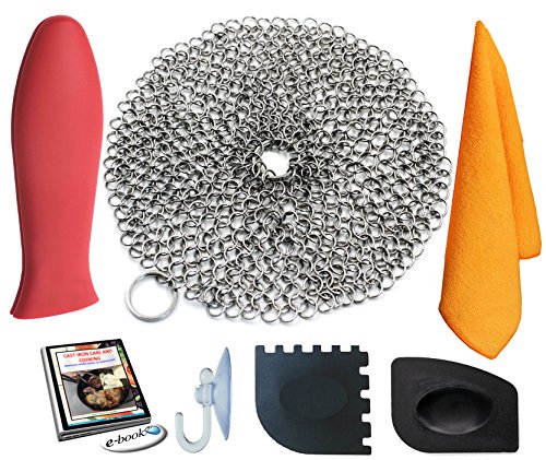 KitCast (6 in One + e Book)- Cast Iron Scrubber (7" Circle) Premium Stainless Steel Chainmail Cleaner With Bonus Hot Handle Holder + Pan Scraper + Grill Scraper + Kitchen Towel + Drying Hook