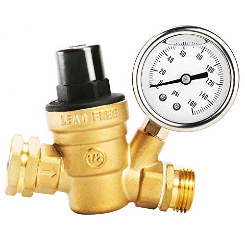 Circrane 3/4 Lead-Free Brass Water Pressure Regulator with Gauge Adjustable RV Pressure Reducer, Build in Oil and Inlet Stainless Screened Filter