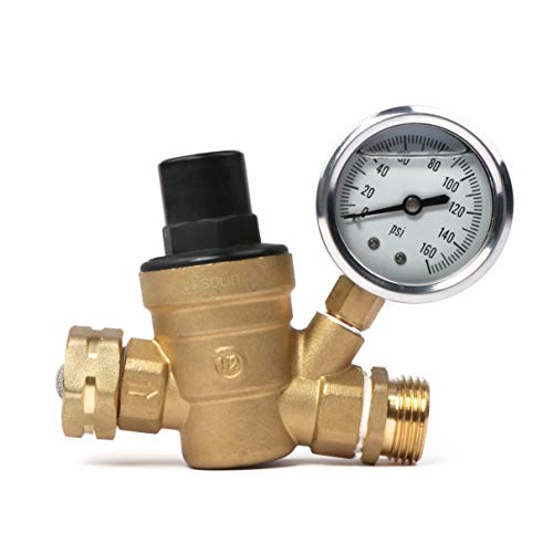 Water Regulator Valve- Lead Free Brass Adjustable RV Pressure Regulator with Pressure Gauge and Water Filter Net by U.S. Solid