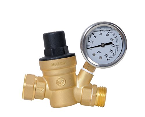 Water Pressure Regulator 0-160 PSI Brass Lead-Free Adjustable Water Pressure Reducer with Gauge for for RV Travel Trailer Camper with Oil Gauge and Inlet Screened Filter. 1 Year Warranty.