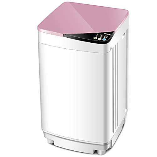 Giantex Full-Automatic Washing Machine Portable Washer and Spin Dryer 10 lbs Capacity Compact Laundry Washer with Built-in Barrel Light Drain Pump and Long Hose for Apartments Camping (White & Pink)