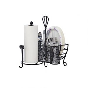 Gourmet Basics by Mikasa 5176813 Avilla Picnic Plate Napkin and Flatware Storage Caddy with Paper Towel Holder, Antique Black