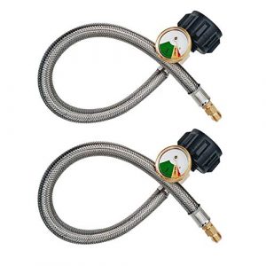 MENSI 18" Propane Pigtail Braided Stainless Steel Hose Connector with Acme Nut X 1/4" Inverted Inverted Male Flare- 2 with Gas Pressure Gauge Meters Set of 2