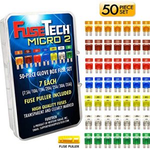 FuseTech Micro2 50 Piece Automotive Fuse Assortment Glove Box Set (49 Blade Fuses + Fuse Puller) 5A 7.5A 10A 15A 20A 25A 30A