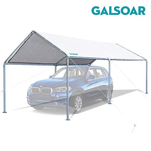 GALSOAR 10x20FT Carport, Outdoor Heavy Duty Car Tent Shelter with 6 Steel Legs and 3 Reinforced Steel Cables, Outdoor Party Canopy Garden Gazebo, Rainproof, Snow Protection, Sunproof, Dustproof, White