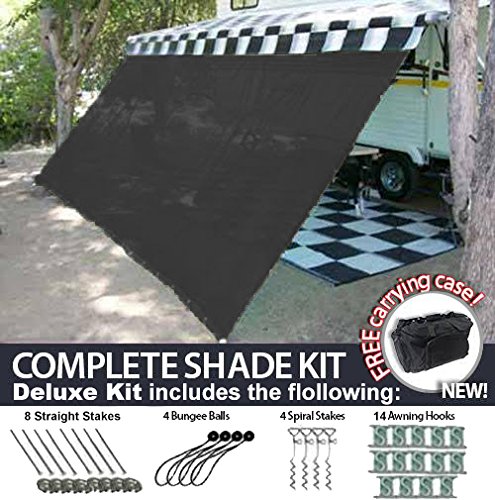 RV Awning Shade Motorhome Patio Sun Screen Complete Deluxe Kit (Black) (8'x16')