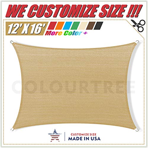 ColourTree 12' x 16' Sand Beige Sun Shade Sail Rectangle Canopy Awning Fabric Cloth Screen - UV Block UV Resistant Heavy Duty Commercial Grade - Outdoor Patio Carport - (We Make Custom Size)